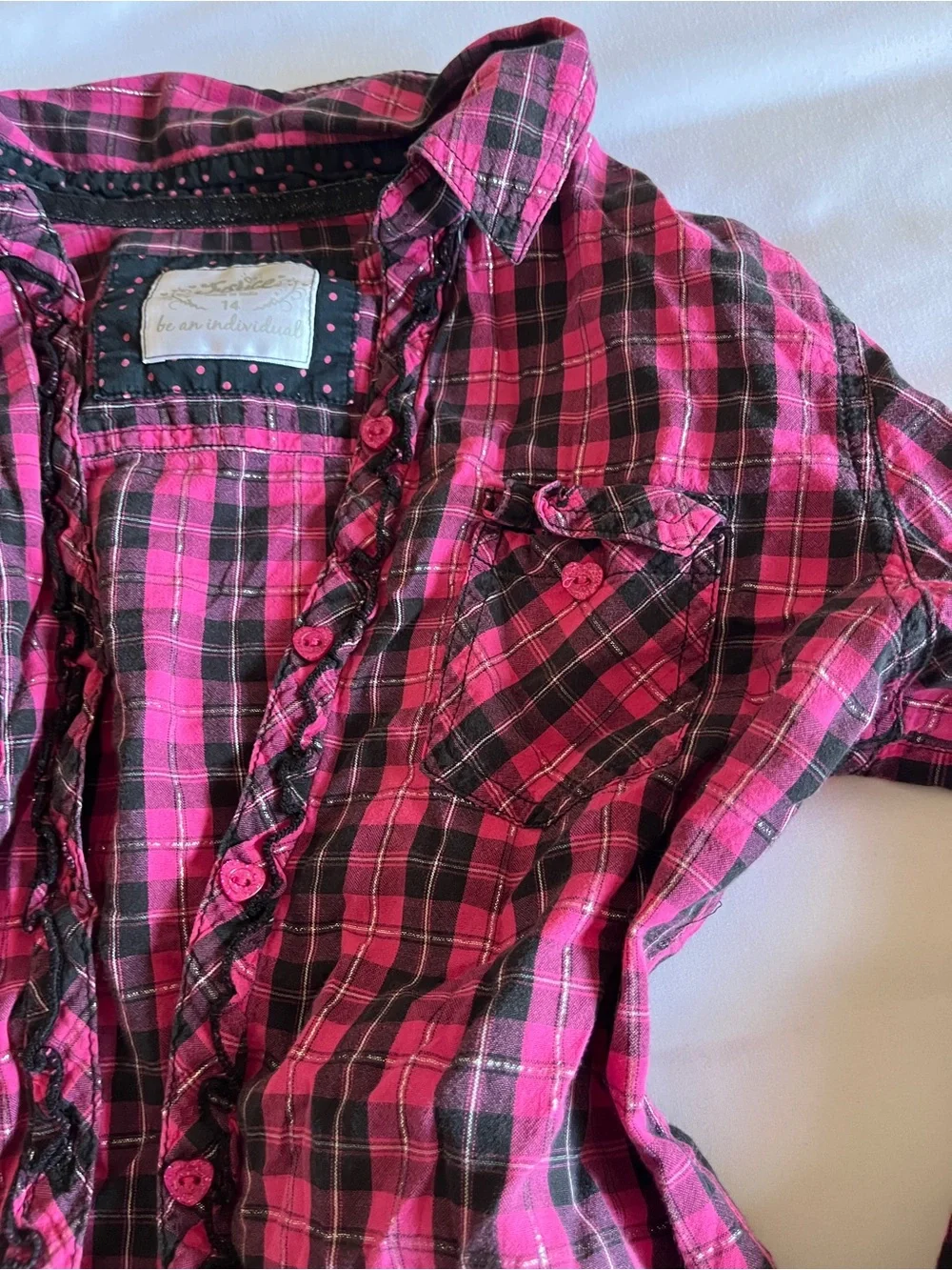 Justice Pink & Black Plaid Metallic Flannel Button Up Shirt Ruffle Size 14